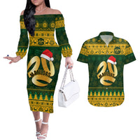 Personalised Australia Matildas Christmas Couples Matching Off The Shoulder Long Sleeve Dress and Hawaiian Shirt Merry Xmas 2023 National Color - Wonder Print Shop