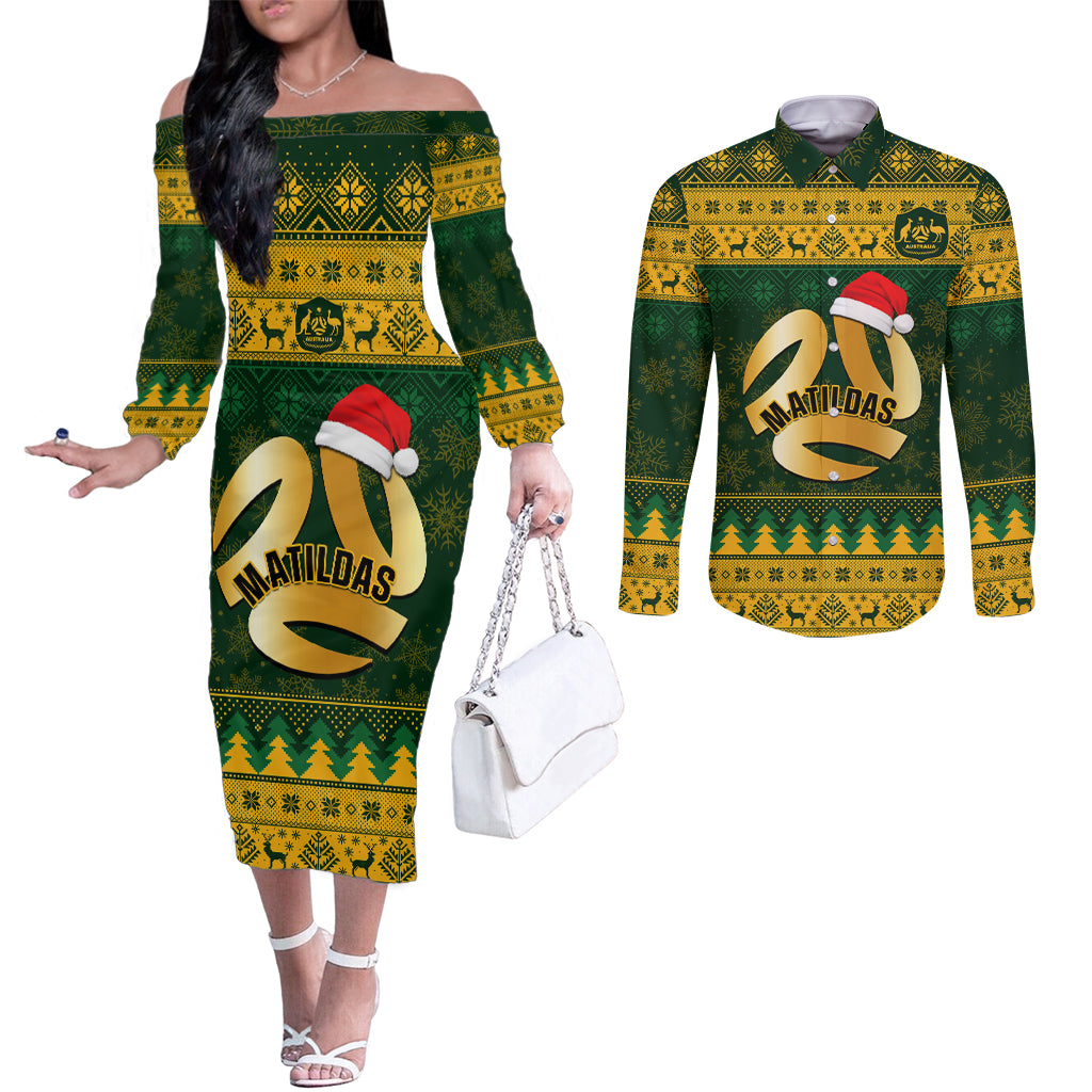 personalised-australia-matildas-christmas-couples-matching-off-the-shoulder-long-sleeve-dress-and-long-sleeve-button-shirts-merry-xmas-2023-national-color