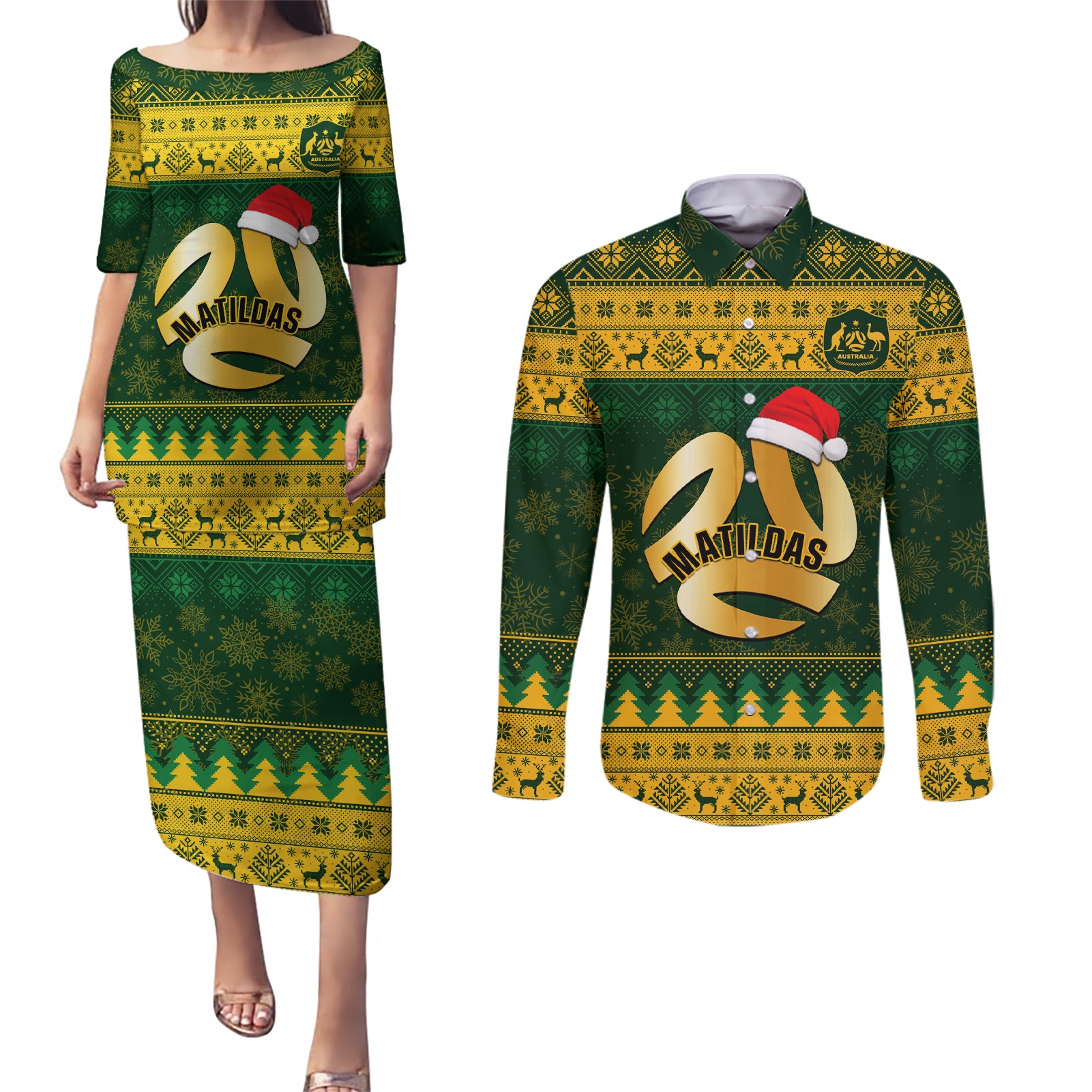 Personalised Australia Matildas Christmas Couples Matching Puletasi Dress and Long Sleeve Button Shirts Merry Xmas 2023 National Color - Wonder Print Shop