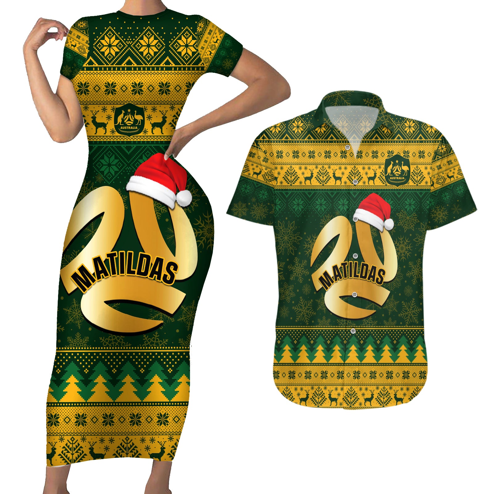 Personalised Australia Matildas Christmas Couples Matching Short Sleeve Bodycon Dress and Hawaiian Shirt Merry Xmas 2023 National Color - Wonder Print Shop