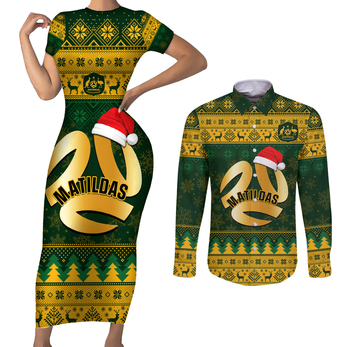 Personalised Australia Matildas Christmas Couples Matching Short Sleeve Bodycon Dress and Long Sleeve Button Shirts Merry Xmas 2023 National Color - Wonder Print Shop