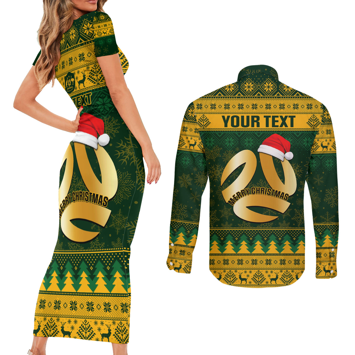 Personalised Australia Matildas Christmas Couples Matching Short Sleeve Bodycon Dress and Long Sleeve Button Shirts Merry Xmas 2023 National Color - Wonder Print Shop