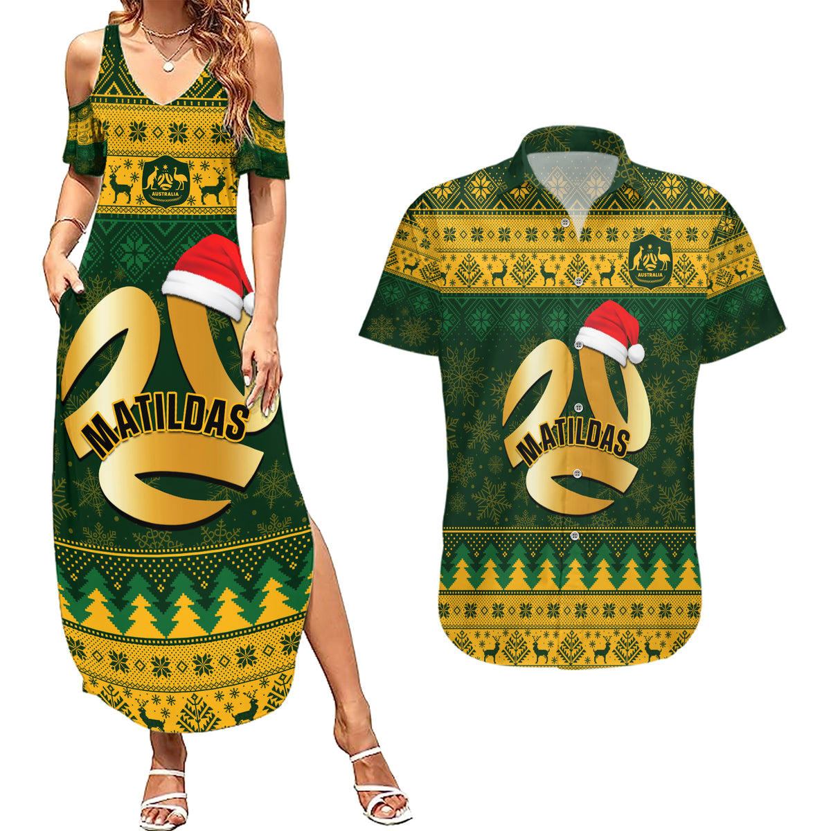 Personalised Australia Matildas Christmas Couples Matching Summer Maxi Dress and Hawaiian Shirt Merry Xmas 2023 National Color - Wonder Print Shop
