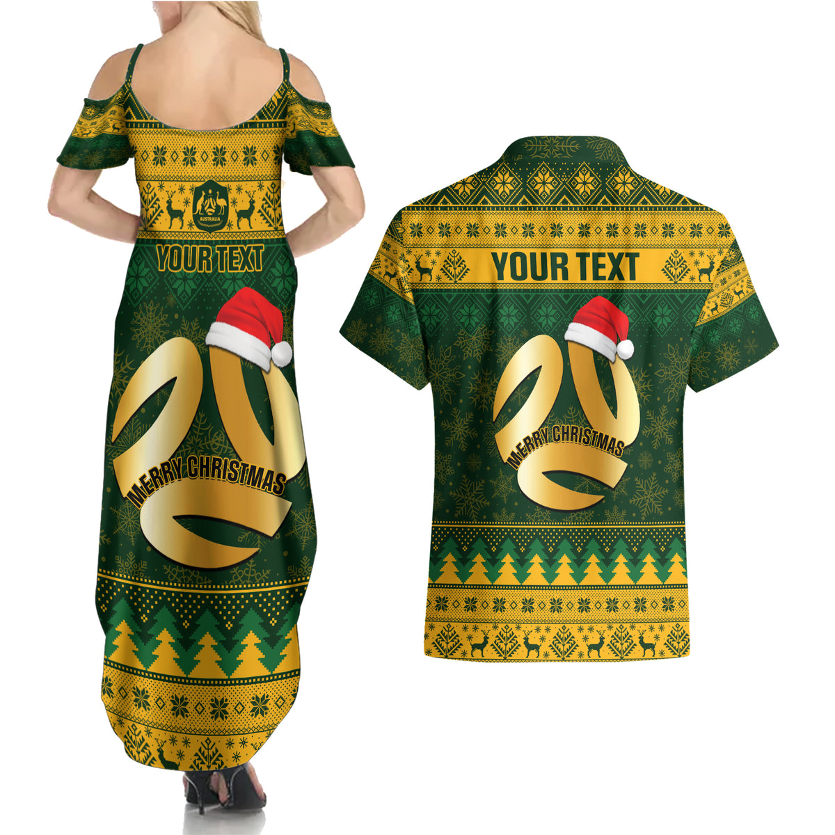 Personalised Australia Matildas Christmas Couples Matching Summer Maxi Dress and Hawaiian Shirt Merry Xmas 2023 National Color - Wonder Print Shop