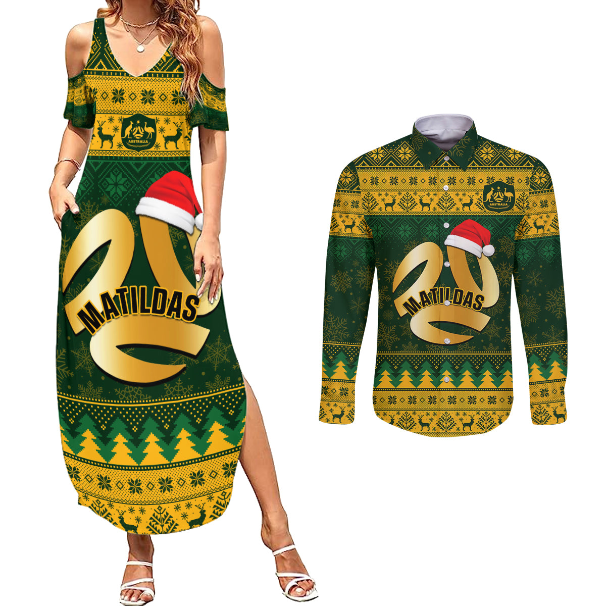 Personalised Australia Matildas Christmas Couples Matching Summer Maxi Dress and Long Sleeve Button Shirts Merry Xmas 2023 National Color - Wonder Print Shop