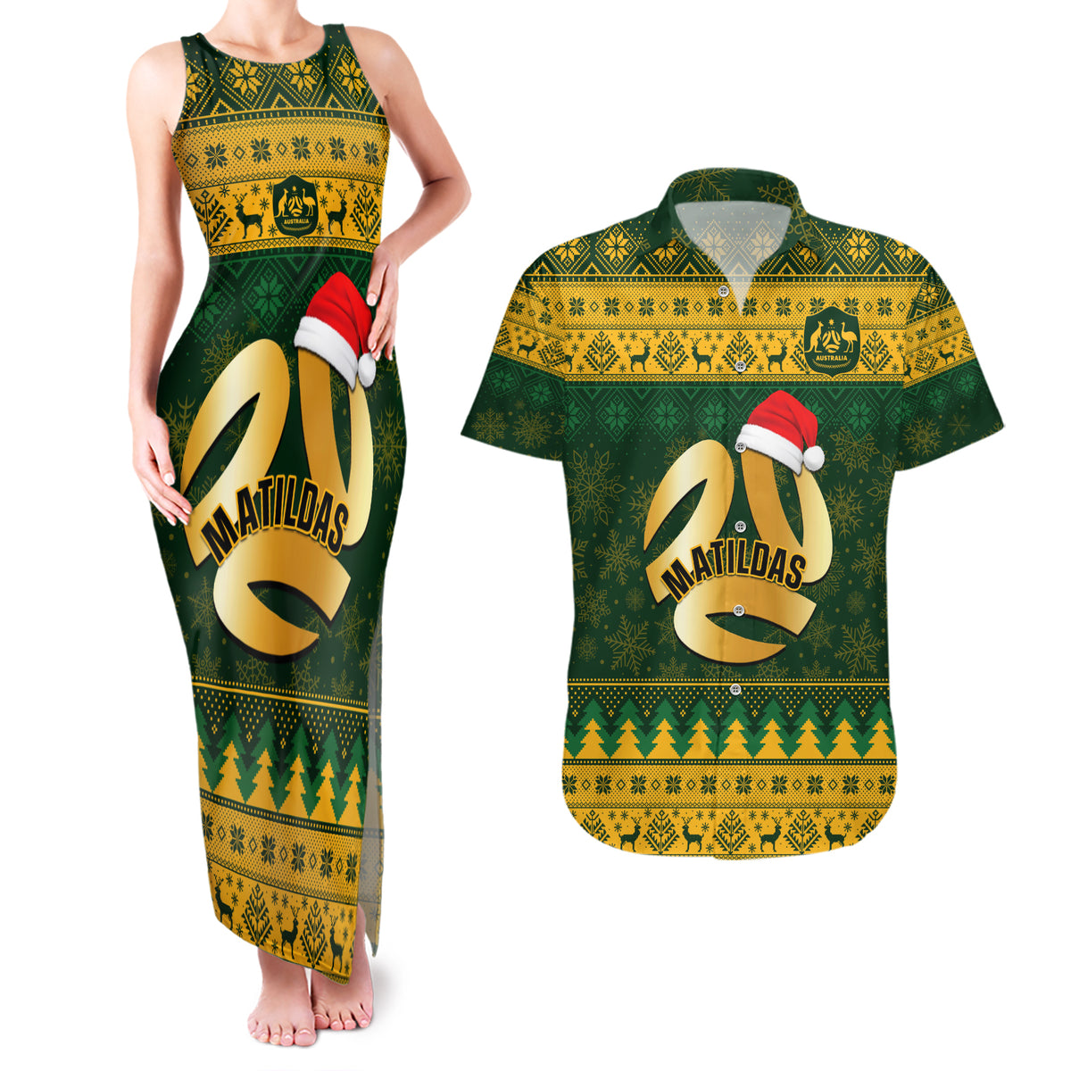 Personalised Australia Matildas Christmas Couples Matching Tank Maxi Dress and Hawaiian Shirt Merry Xmas 2023 National Color - Wonder Print Shop