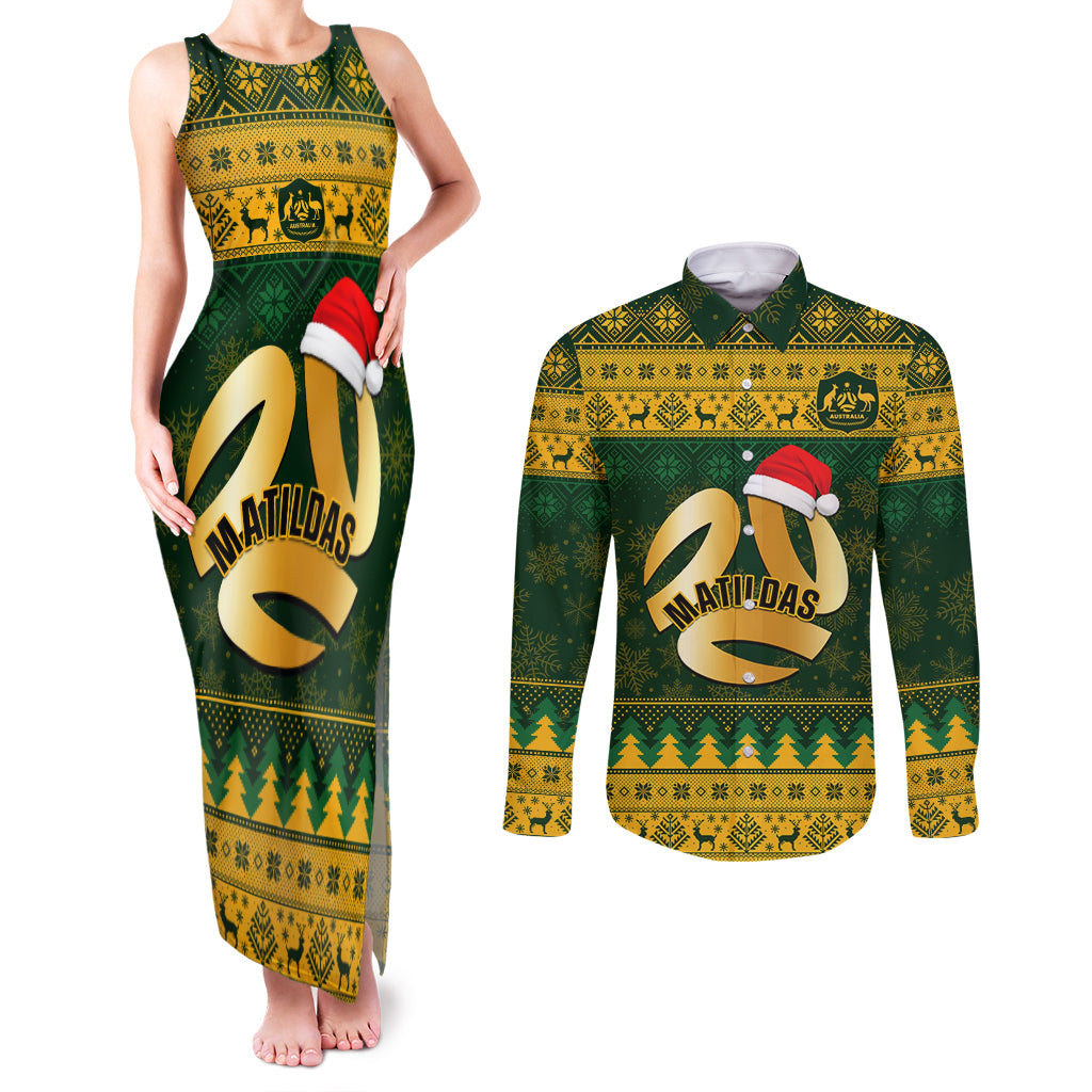 Personalised Australia Matildas Christmas Couples Matching Tank Maxi Dress and Long Sleeve Button Shirts Merry Xmas 2023 National Color - Wonder Print Shop