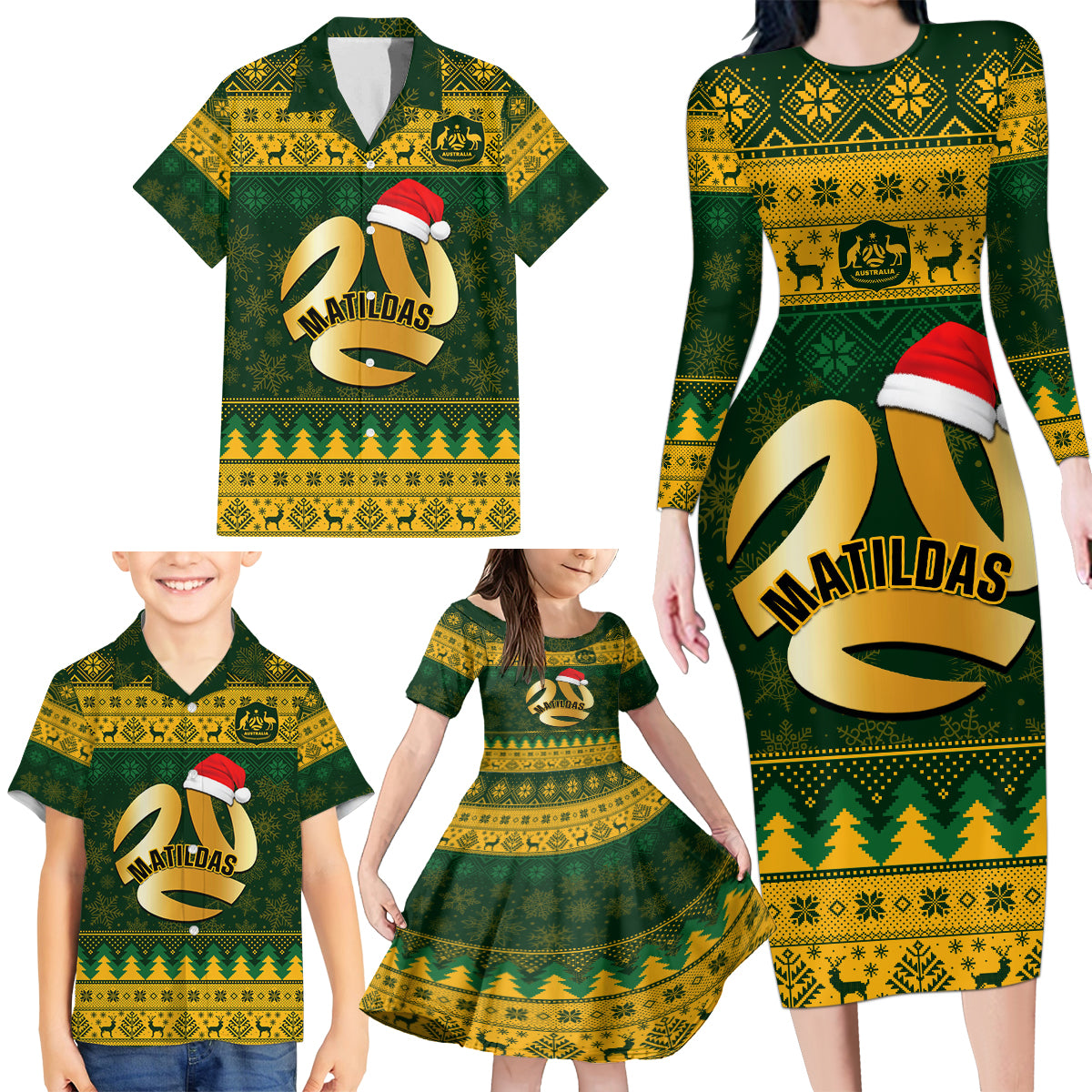 Personalised Australia Matildas Christmas Family Matching Long Sleeve Bodycon Dress and Hawaiian Shirt Merry Xmas 2023 National Color - Wonder Print Shop