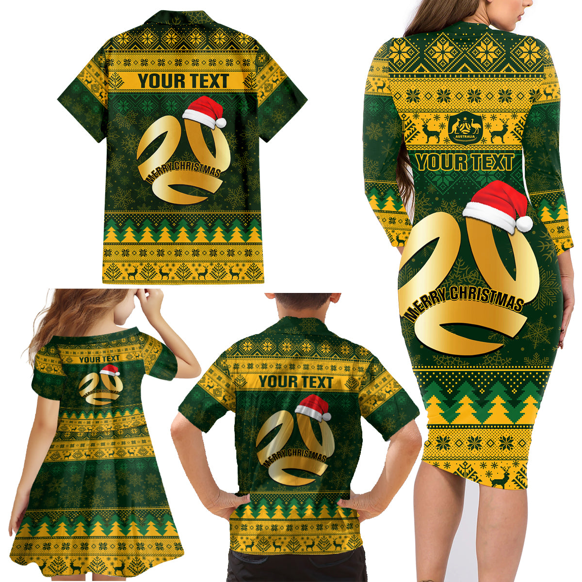 Personalised Australia Matildas Christmas Family Matching Long Sleeve Bodycon Dress and Hawaiian Shirt Merry Xmas 2023 National Color - Wonder Print Shop