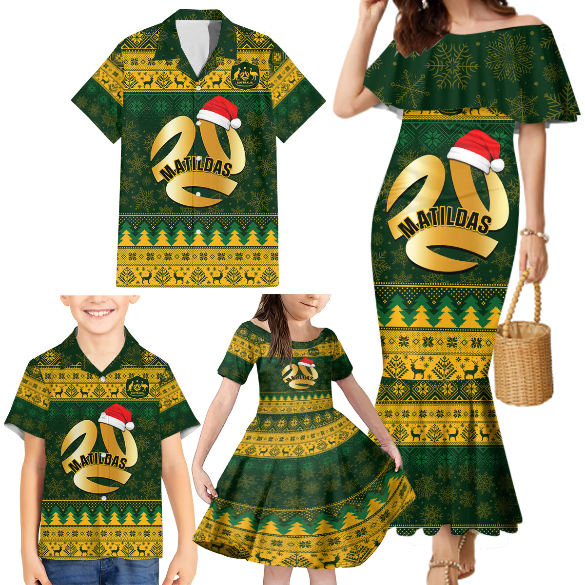 Personalised Australia Matildas Christmas Family Matching Mermaid Dress and Hawaiian Shirt Merry Xmas 2023 National Color - Wonder Print Shop