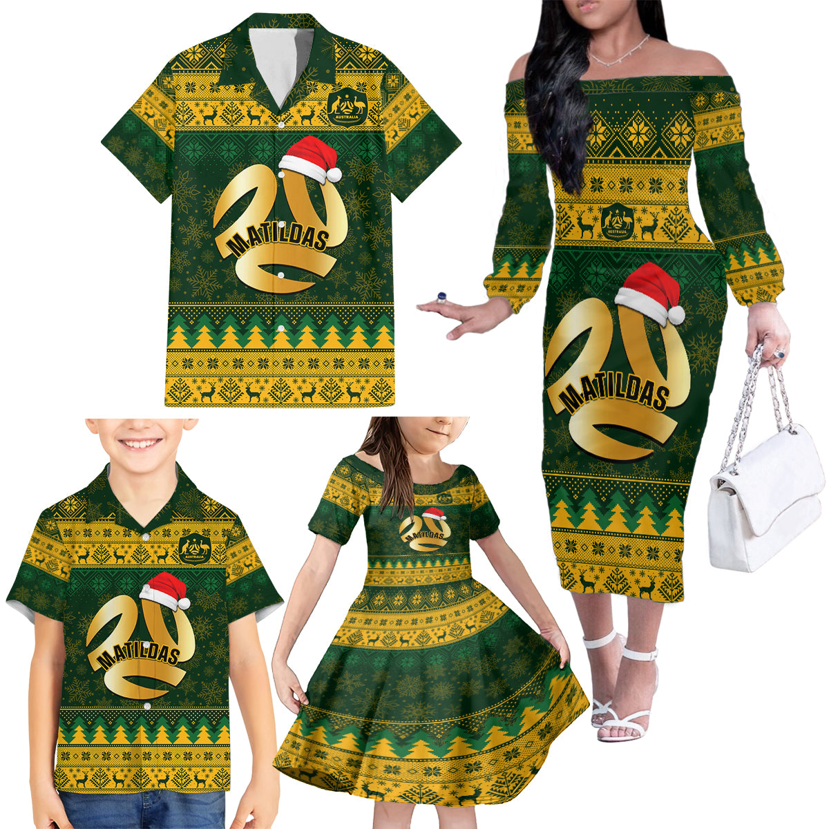 Personalised Australia Matildas Christmas Family Matching Off Shoulder Long Sleeve Dress and Hawaiian Shirt Merry Xmas 2023 National Color - Wonder Print Shop