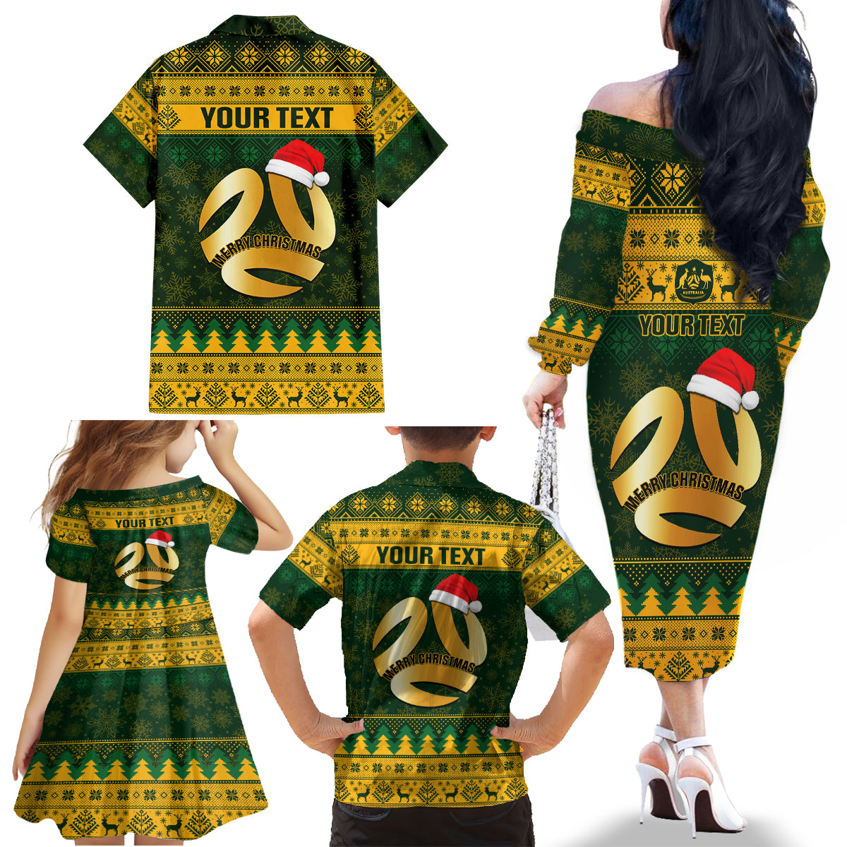 Personalised Australia Matildas Christmas Family Matching Off Shoulder Long Sleeve Dress and Hawaiian Shirt Merry Xmas 2023 National Color - Wonder Print Shop