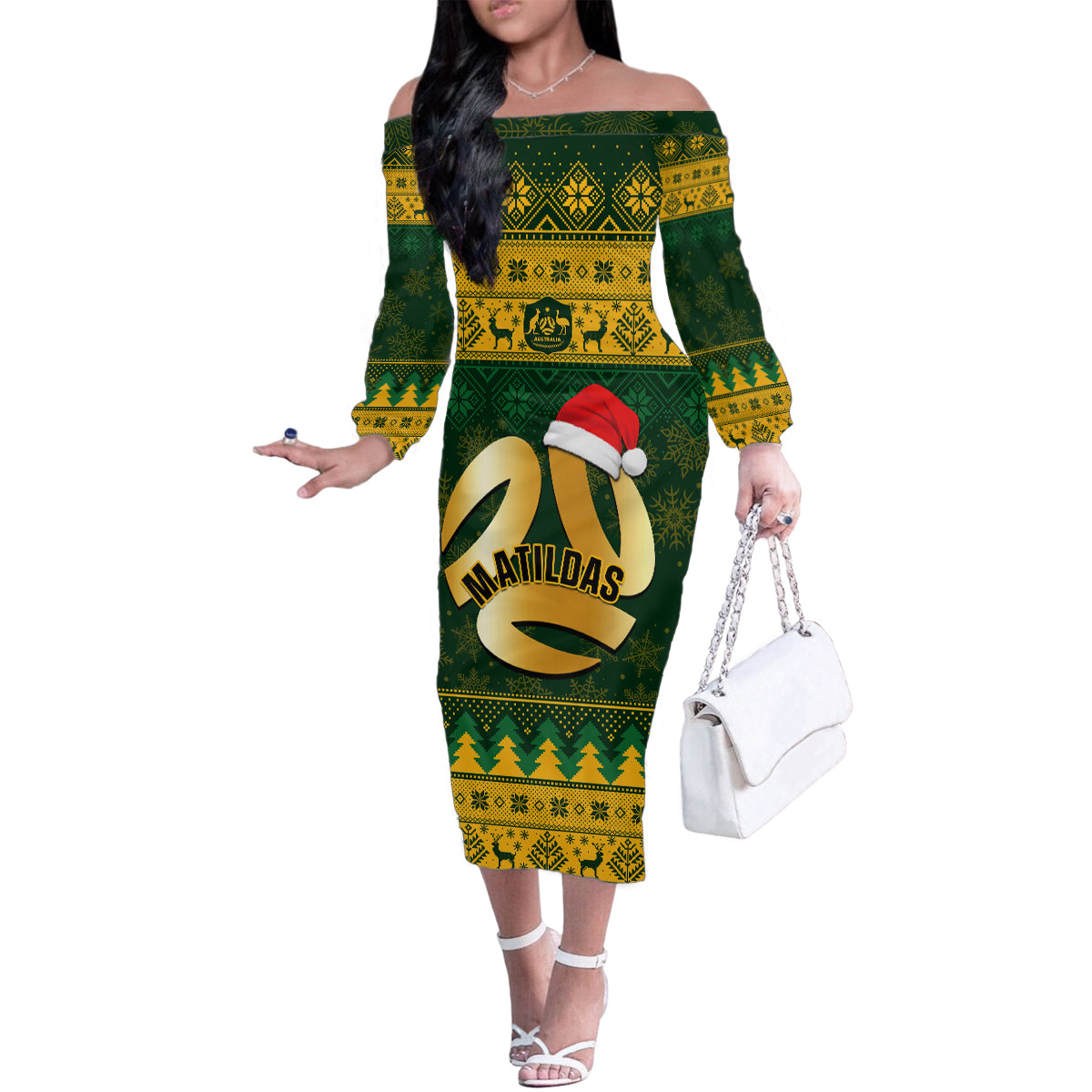 Personalised Australia Matildas Christmas Family Matching Off Shoulder Long Sleeve Dress and Hawaiian Shirt Merry Xmas 2023 National Color - Wonder Print Shop
