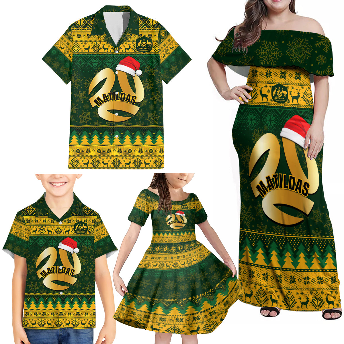 Personalised Australia Matildas Christmas Family Matching Off Shoulder Maxi Dress and Hawaiian Shirt Merry Xmas 2023 National Color - Wonder Print Shop