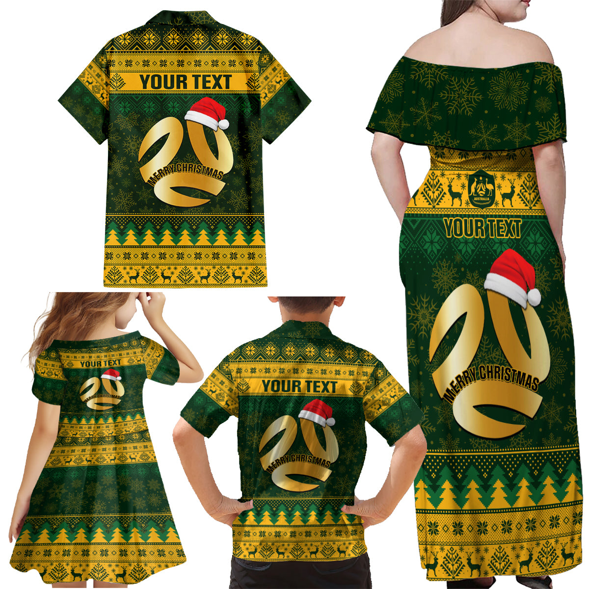 Personalised Australia Matildas Christmas Family Matching Off Shoulder Maxi Dress and Hawaiian Shirt Merry Xmas 2023 National Color - Wonder Print Shop