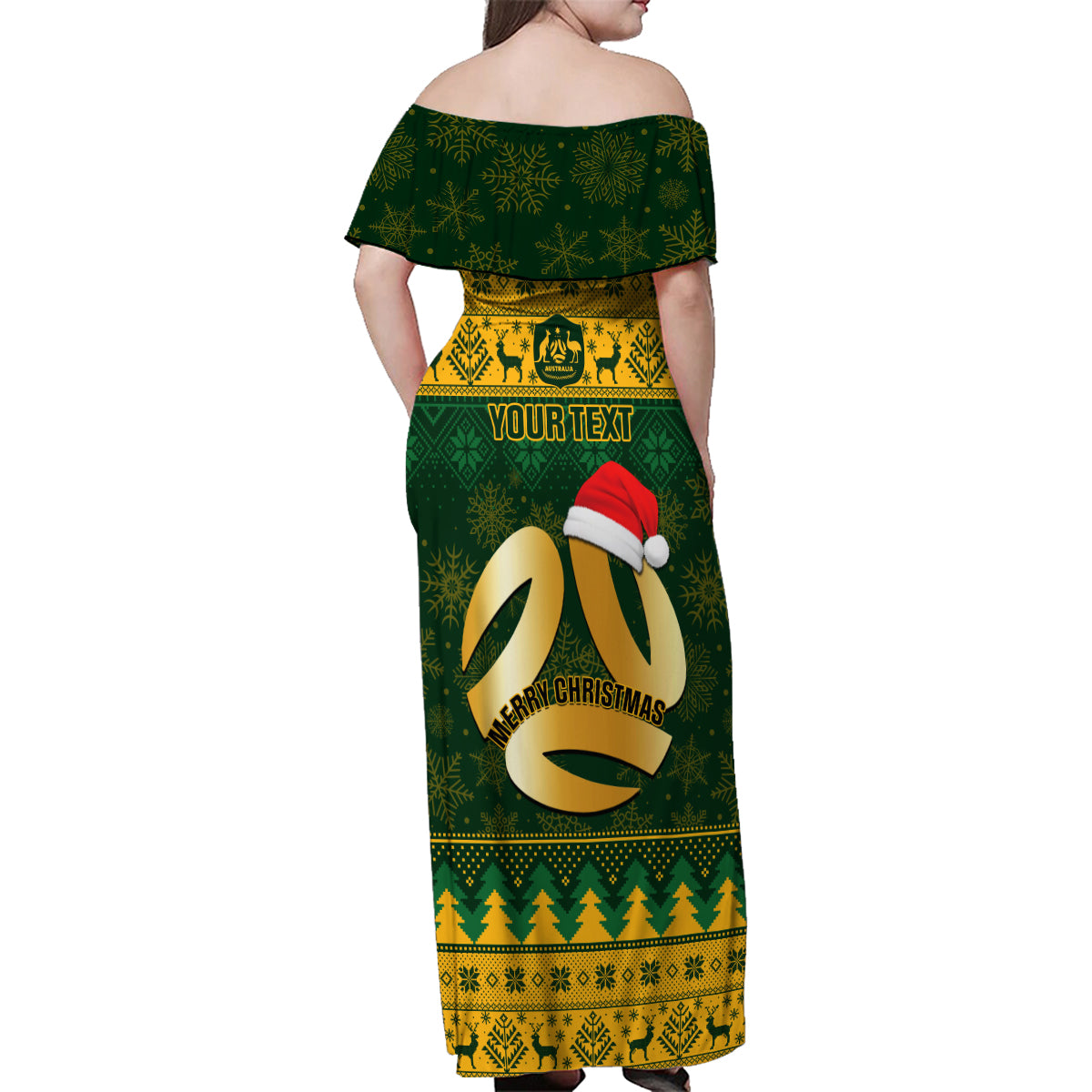 Personalised Australia Matildas Christmas Family Matching Off Shoulder Maxi Dress and Hawaiian Shirt Merry Xmas 2023 National Color - Wonder Print Shop