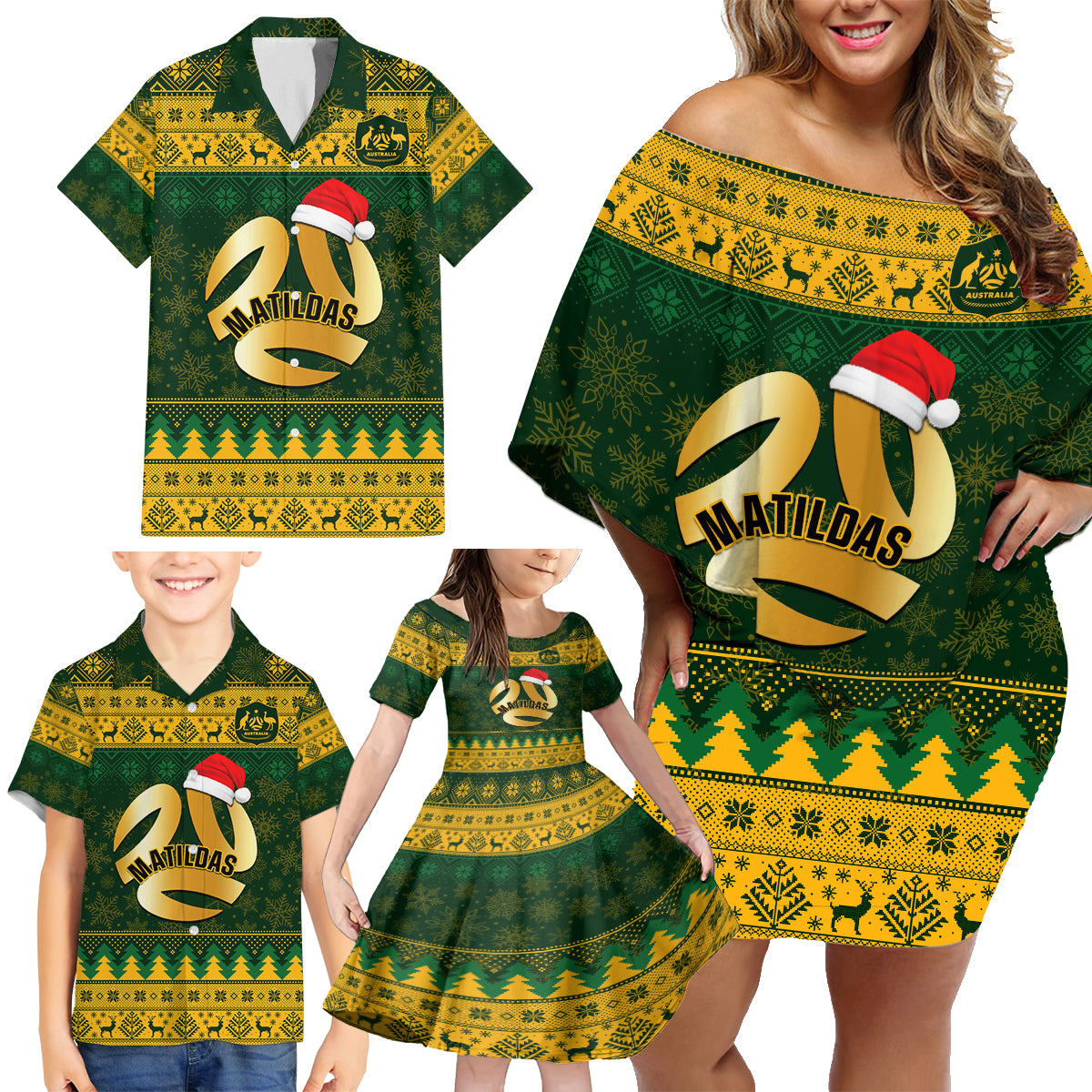 Personalised Australia Matildas Christmas Family Matching Off Shoulder Short Dress and Hawaiian Shirt Merry Xmas 2023 National Color - Wonder Print Shop