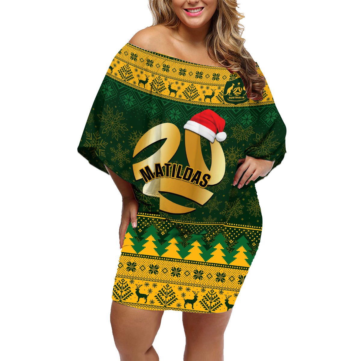 Personalised Australia Matildas Christmas Family Matching Off Shoulder Short Dress and Hawaiian Shirt Merry Xmas 2023 National Color - Wonder Print Shop