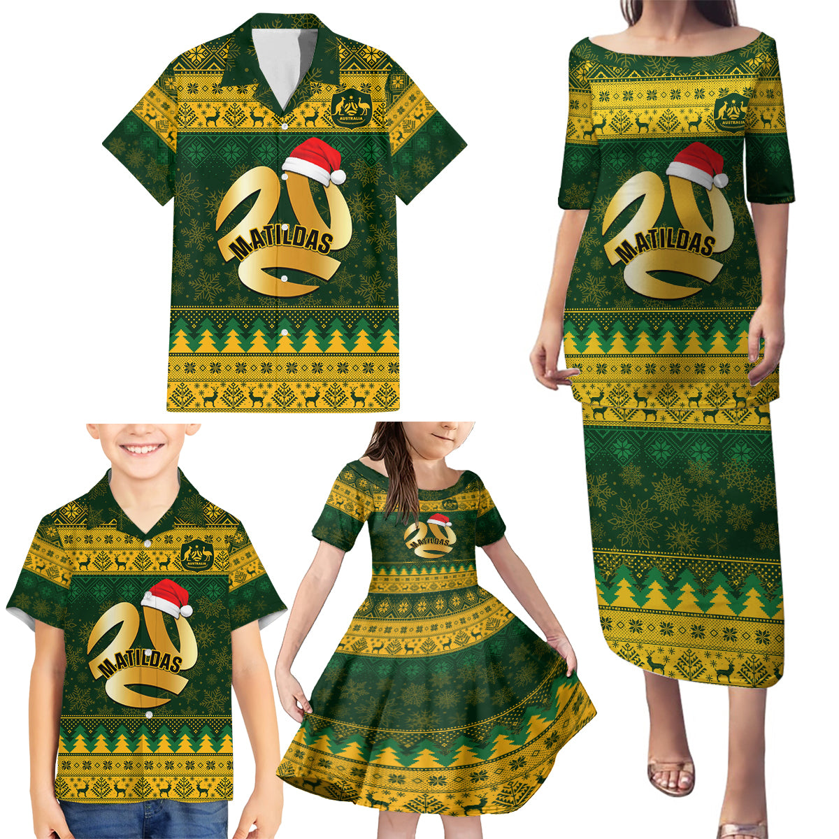 Personalised Australia Matildas Christmas Family Matching Puletasi Dress and Hawaiian Shirt Merry Xmas 2023 National Color - Wonder Print Shop