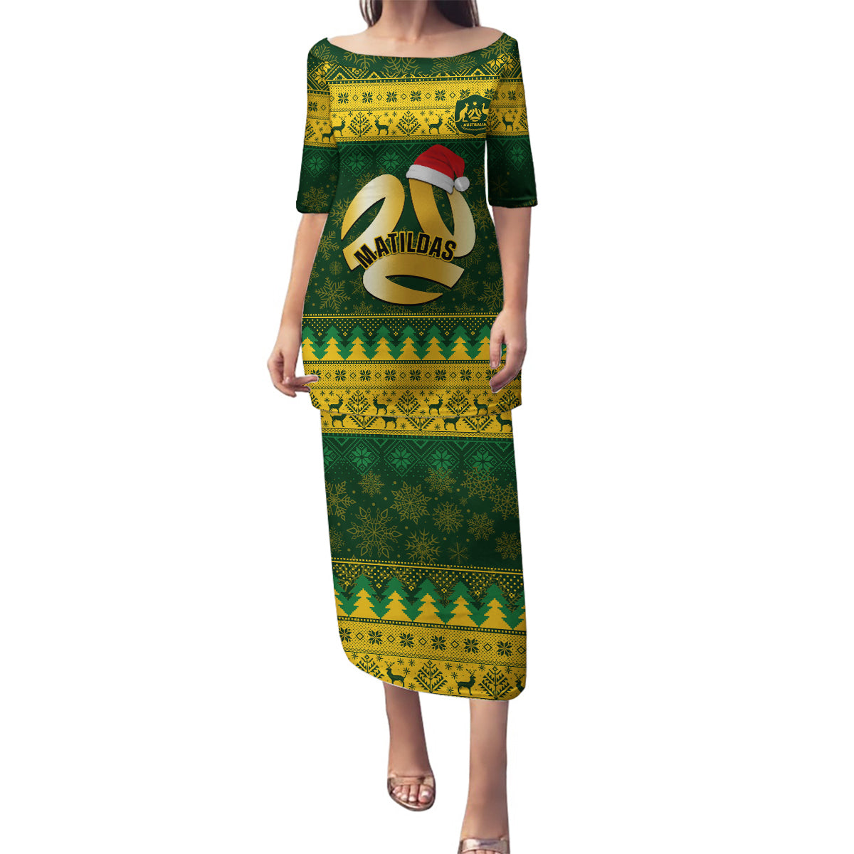Personalised Australia Matildas Christmas Family Matching Puletasi Dress and Hawaiian Shirt Merry Xmas 2023 National Color - Wonder Print Shop