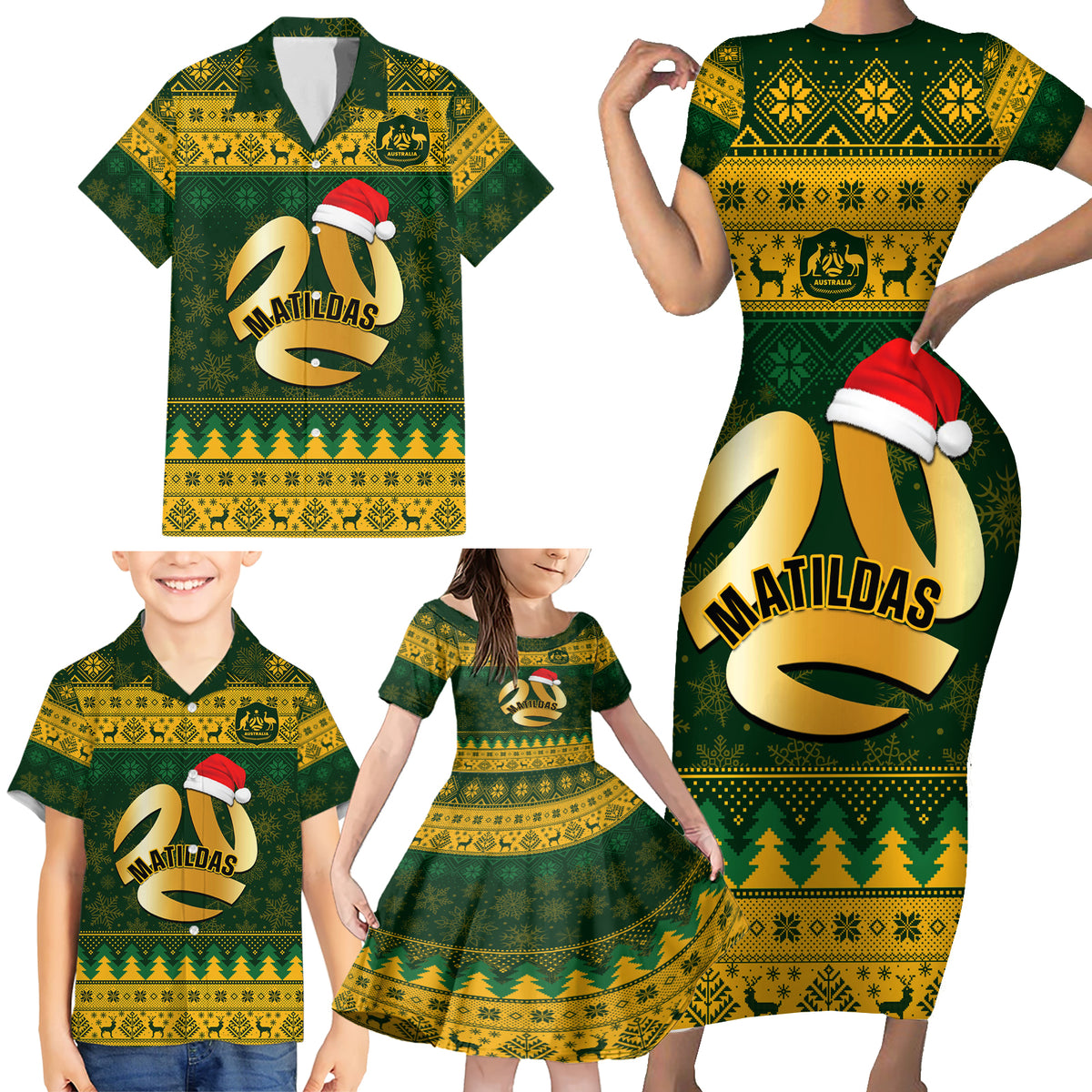 Personalised Australia Matildas Christmas Family Matching Short Sleeve Bodycon Dress and Hawaiian Shirt Merry Xmas 2023 National Color - Wonder Print Shop