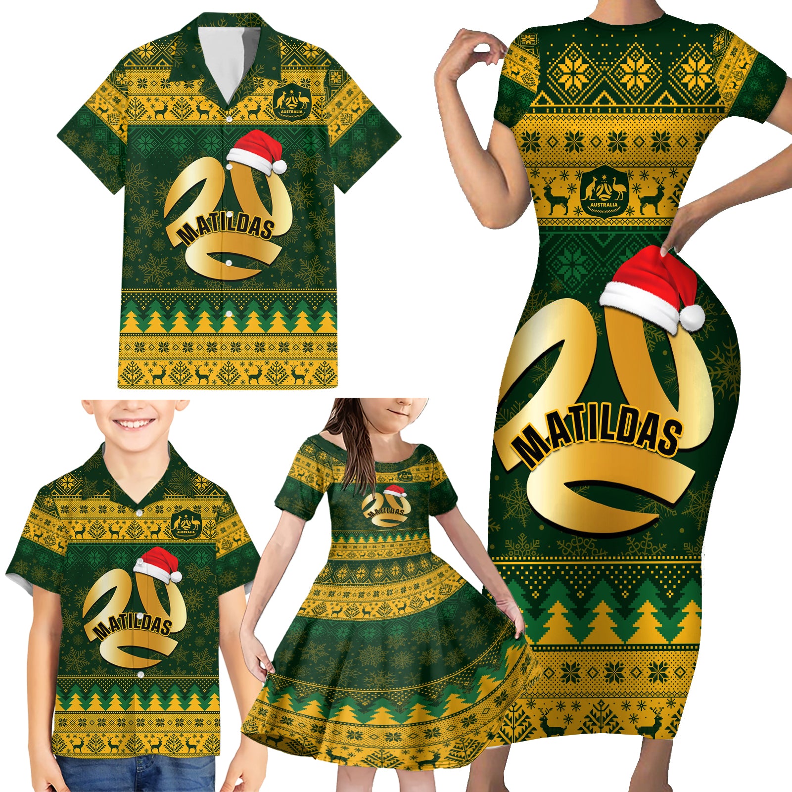 Personalised Australia Matildas Christmas Family Matching Short Sleeve Bodycon Dress and Hawaiian Shirt Merry Xmas 2023 National Color - Wonder Print Shop
