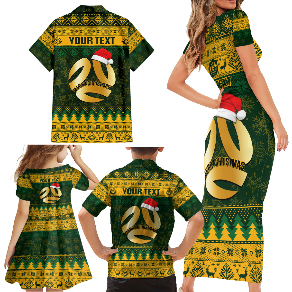 Personalised Australia Matildas Christmas Family Matching Short Sleeve Bodycon Dress and Hawaiian Shirt Merry Xmas 2023 National Color - Wonder Print Shop