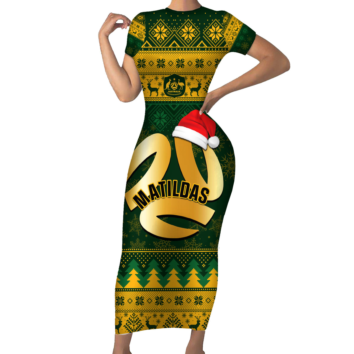 Personalised Australia Matildas Christmas Family Matching Short Sleeve Bodycon Dress and Hawaiian Shirt Merry Xmas 2023 National Color - Wonder Print Shop