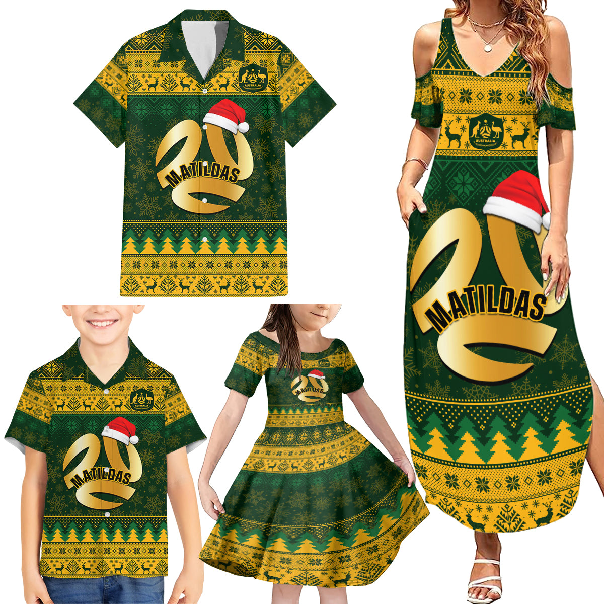 Personalised Australia Matildas Christmas Family Matching Summer Maxi Dress and Hawaiian Shirt Merry Xmas 2023 National Color - Wonder Print Shop