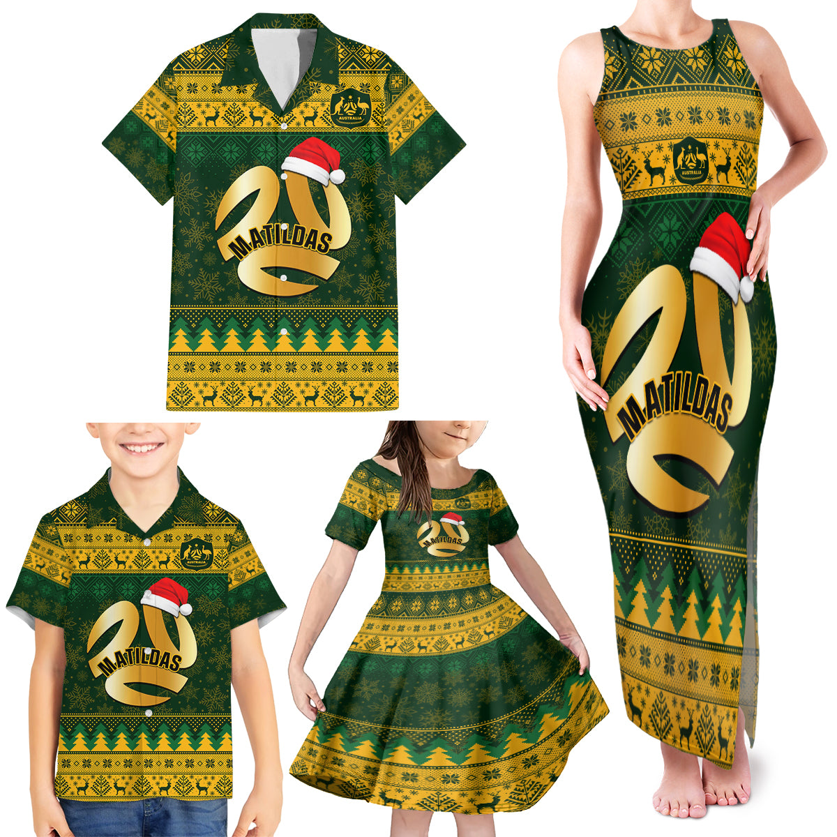Personalised Australia Matildas Christmas Family Matching Tank Maxi Dress and Hawaiian Shirt Merry Xmas 2023 National Color - Wonder Print Shop