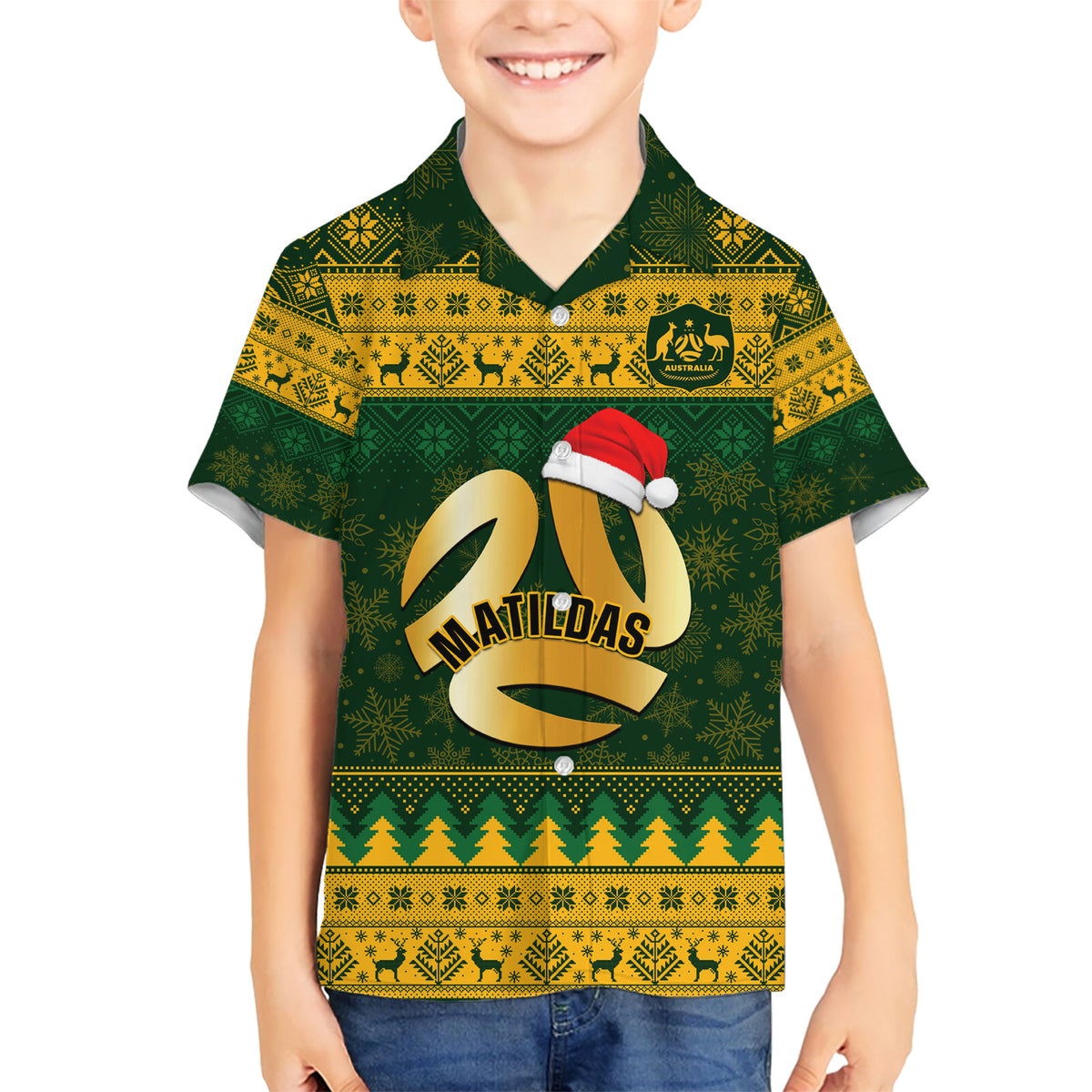 Personalised Australia Matildas Christmas Kid Hawaiian Shirt Merry Xmas 2023 National Color - Wonder Print Shop