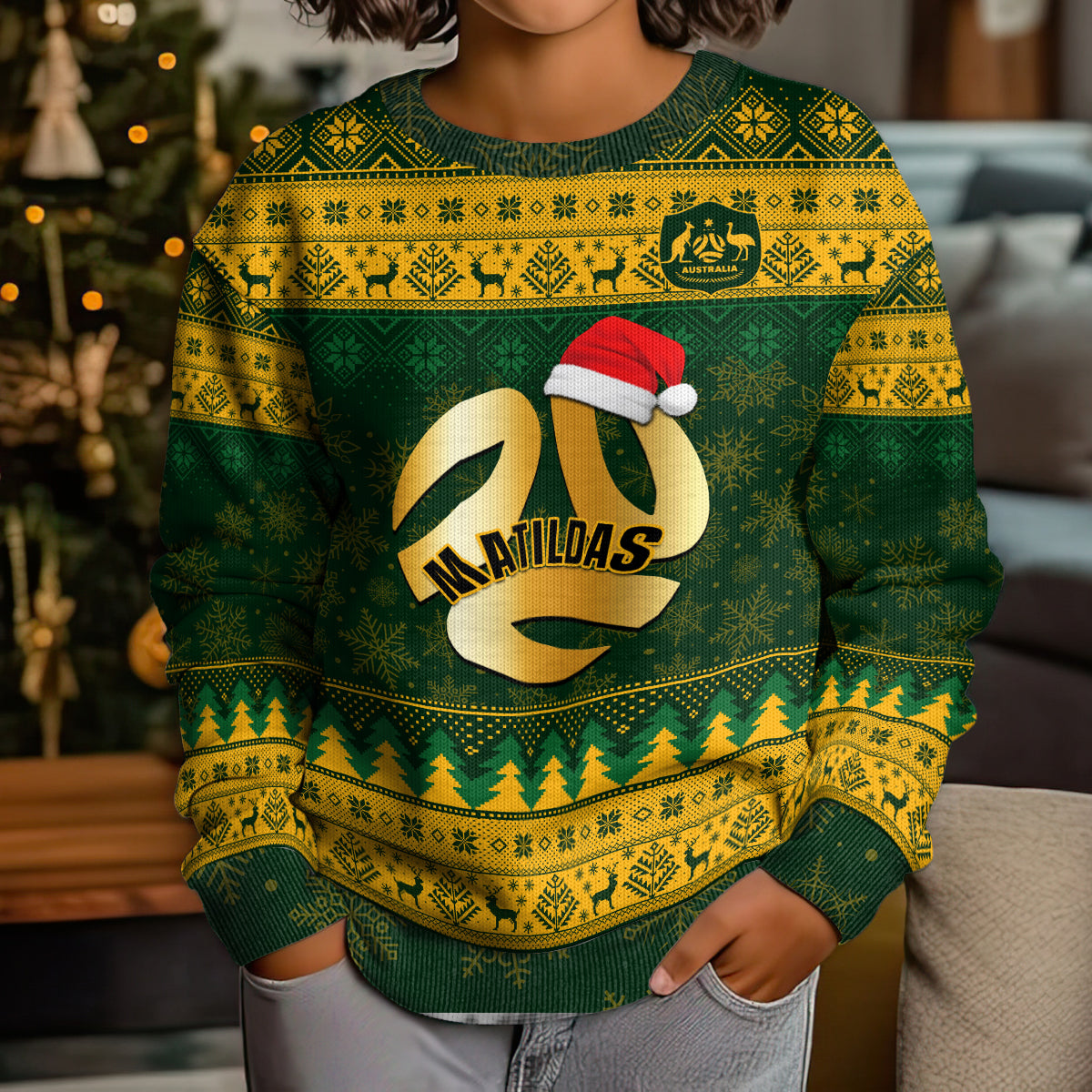 Personalised Australia Matildas Christmas Kid Ugly Christmas Sweater Merry Xmas 2023 National Color - Wonder Print Shop