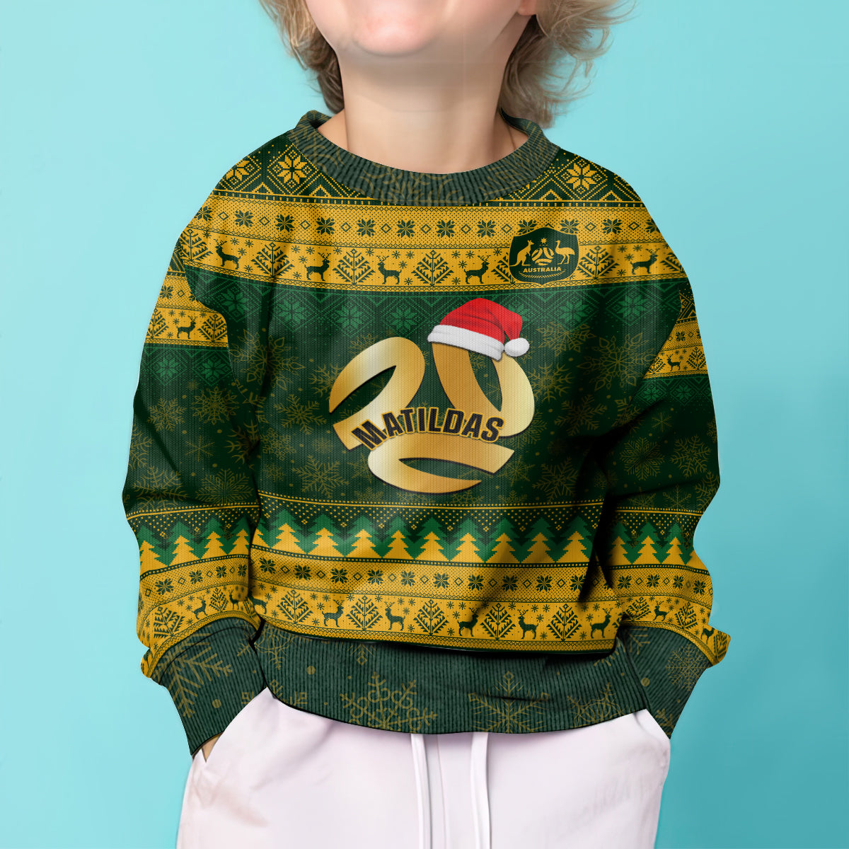 Personalised Australia Matildas Christmas Kid Ugly Christmas Sweater Merry Xmas 2023 National Color - Wonder Print Shop