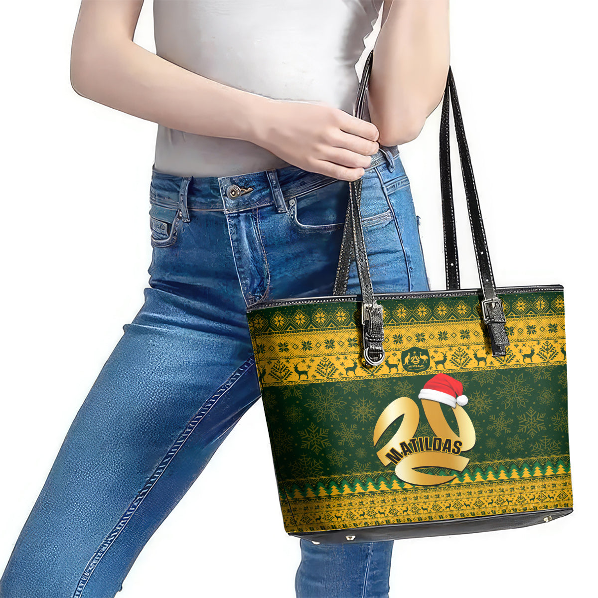 Australia Matildas Christmas Leather Tote Bag Merry Xmas 2023 National Color - Wonder Print Shop