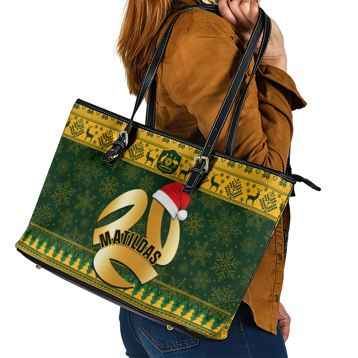 Australia Matildas Christmas Leather Tote Bag Merry Xmas 2023 National Color - Wonder Print Shop