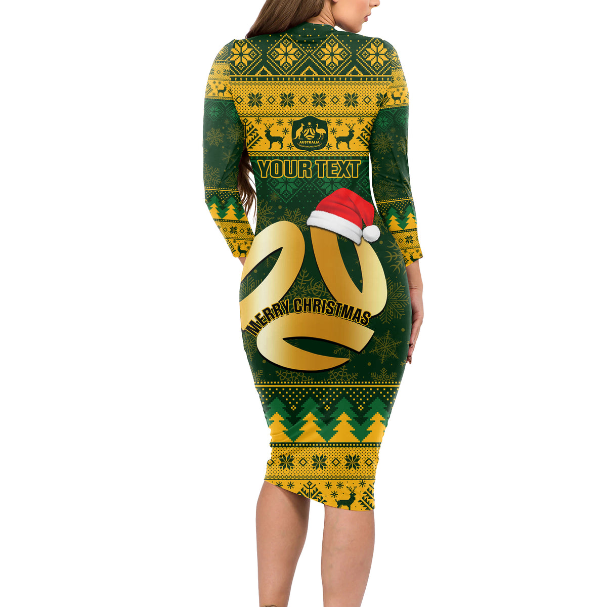 Personalised Australia Matildas Christmas Long Sleeve Bodycon Dress Merry Xmas 2023 National Color - Wonder Print Shop