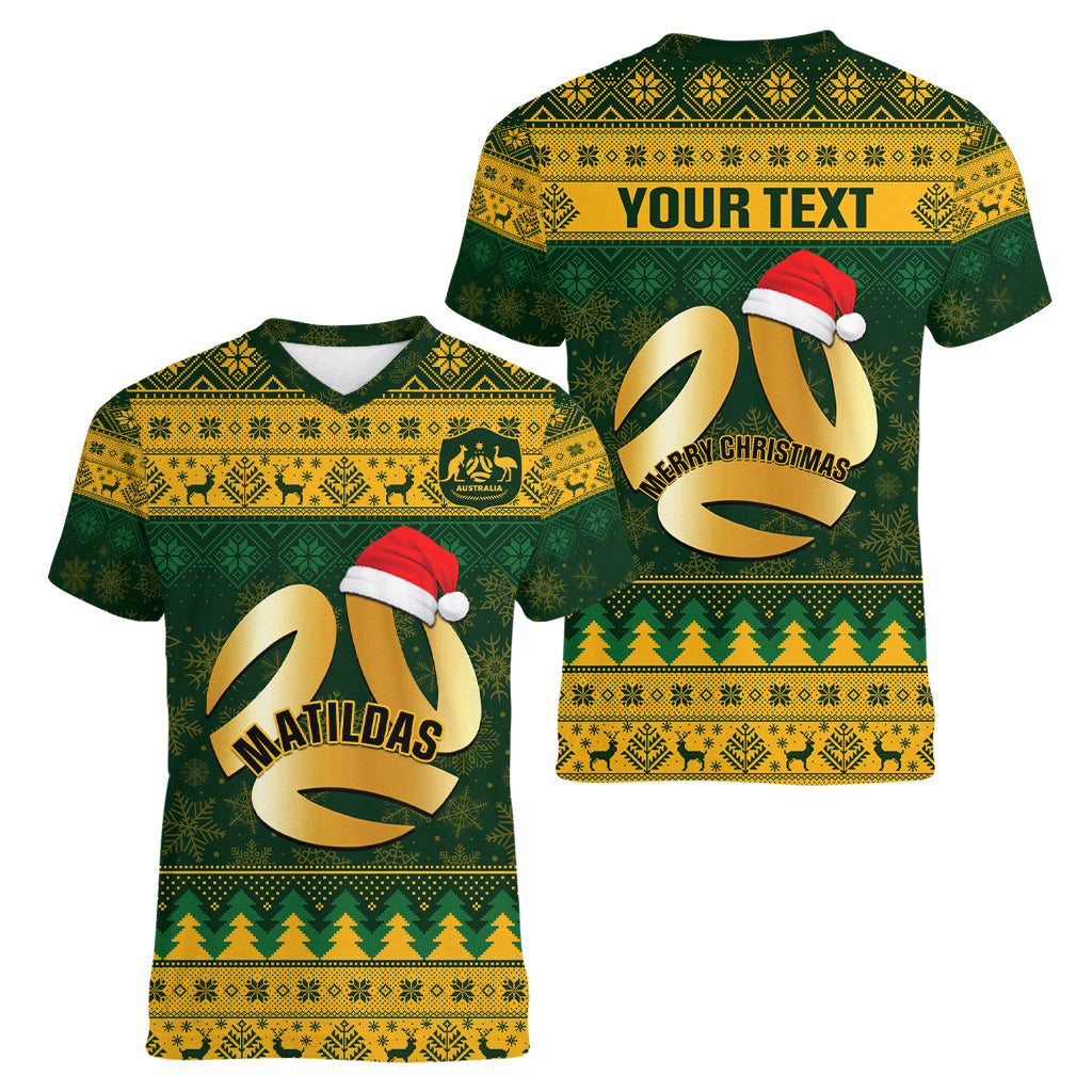 Personalised Australia Matildas Christmas Women V Neck T Shirt Merry Xmas 2023 National Color - Wonder Print Shop
