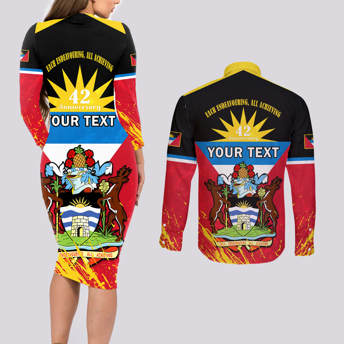 Personalised Antigua And Barbuda Independence Day Couples Matching Long Sleeve Bodycon Dress and Long Sleeve Button Shirts 42nd Anniversary Flag Style - Wonder Print Shop
