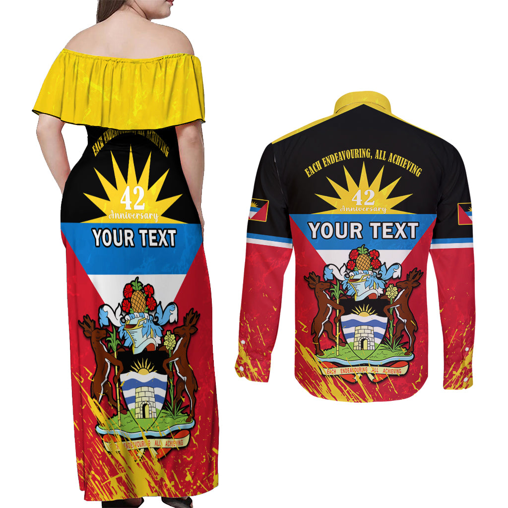 Personalised Antigua And Barbuda Independence Day Couples Matching Off Shoulder Maxi Dress and Long Sleeve Button Shirts 42nd Anniversary Flag Style - Wonder Print Shop