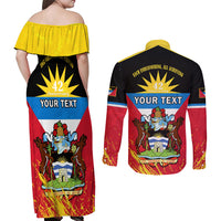 Personalised Antigua And Barbuda Independence Day Couples Matching Off Shoulder Maxi Dress and Long Sleeve Button Shirts 42nd Anniversary Flag Style - Wonder Print Shop