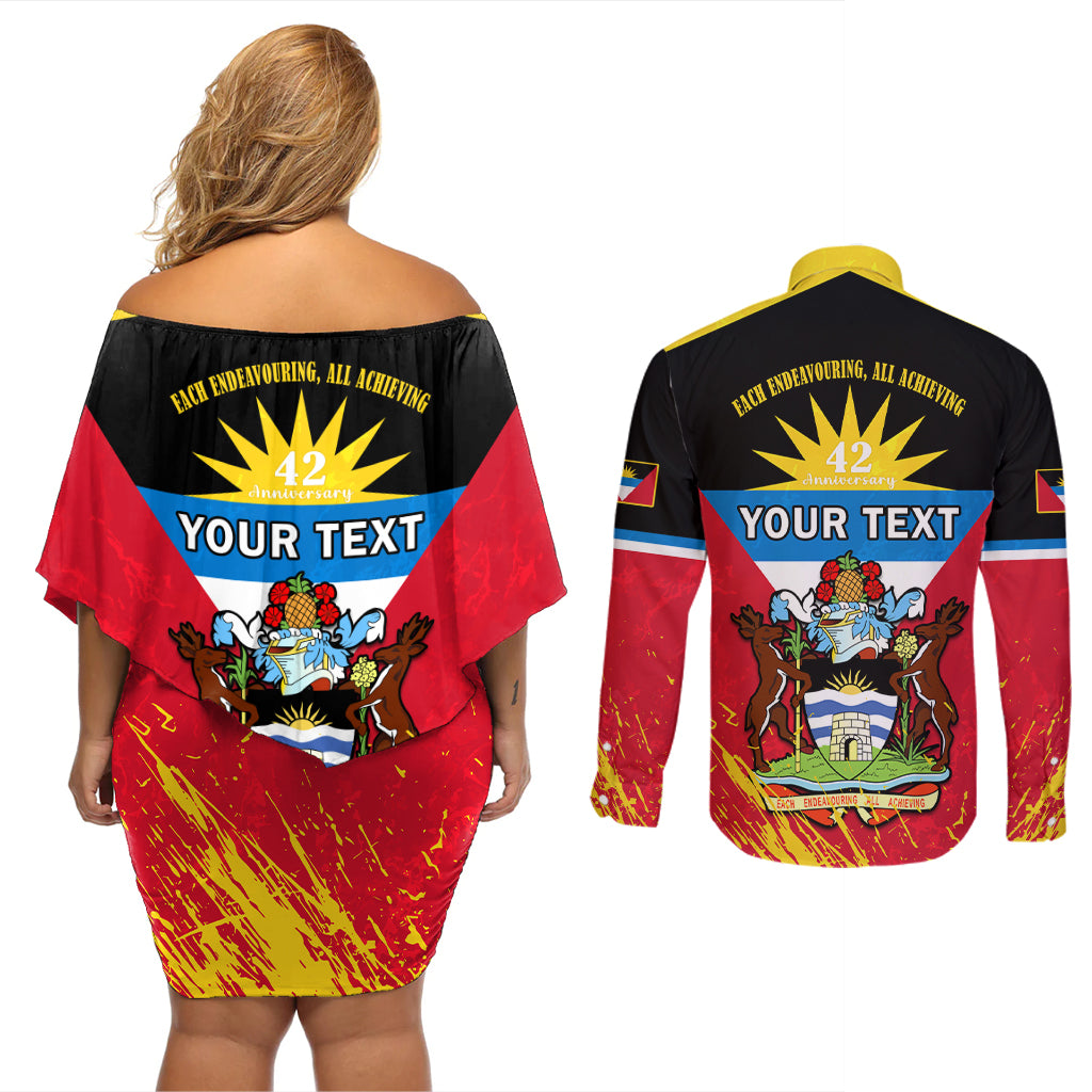 Personalised Antigua And Barbuda Independence Day Couples Matching Off Shoulder Short Dress and Long Sleeve Button Shirts 42nd Anniversary Flag Style - Wonder Print Shop