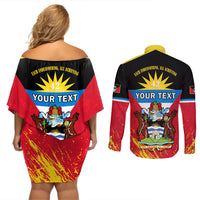 Personalised Antigua And Barbuda Independence Day Couples Matching Off Shoulder Short Dress and Long Sleeve Button Shirts 42nd Anniversary Flag Style - Wonder Print Shop