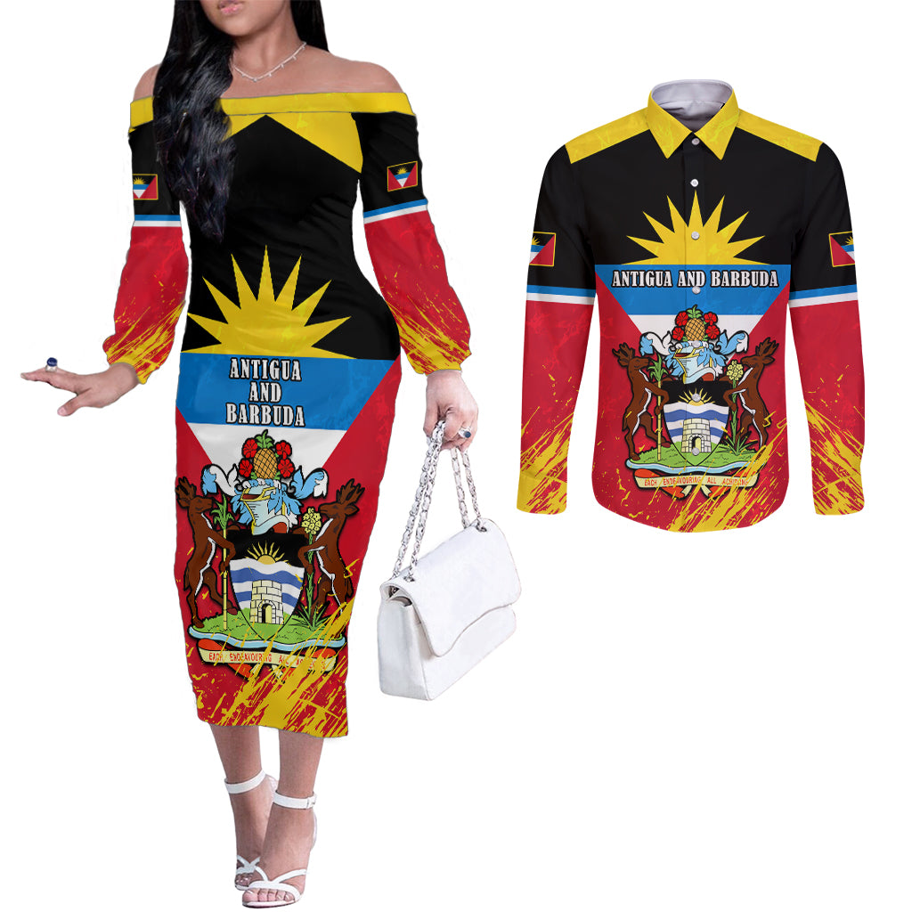 personalised-antigua-and-barbuda-independence-day-couples-matching-off-the-shoulder-long-sleeve-dress-and-long-sleeve-button-shirts-42nd-anniversary-flag-style