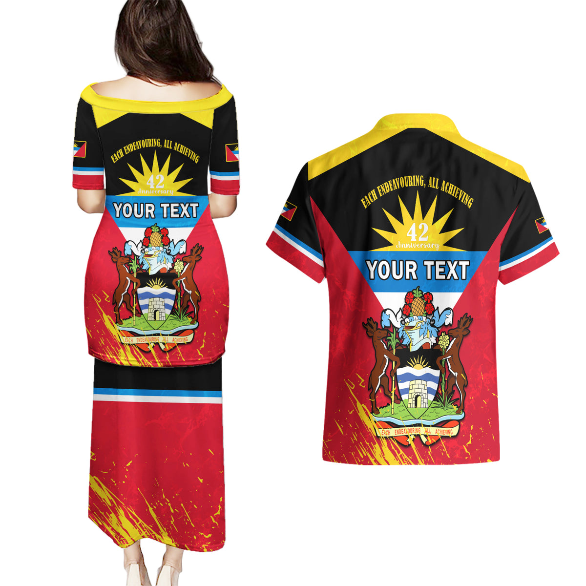 Personalised Antigua And Barbuda Independence Day Couples Matching Puletasi Dress and Hawaiian Shirt 42nd Anniversary Flag Style - Wonder Print Shop