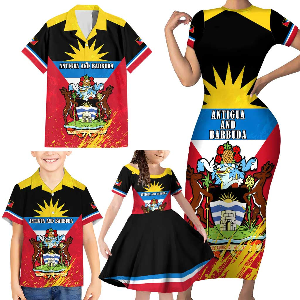 Personalised Antigua And Barbuda Independence Day Family Matching Short Sleeve Bodycon Dress and Hawaiian Shirt 42nd Anniversary Flag Style LT14