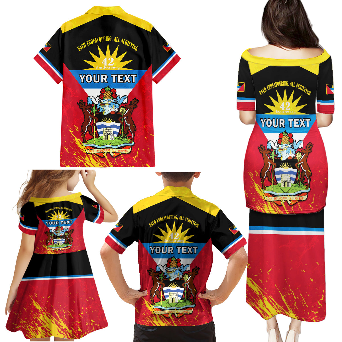 Personalised Antigua And Barbuda Independence Day Family Matching Puletasi Dress and Hawaiian Shirt 42nd Anniversary Flag Style - Wonder Print Shop