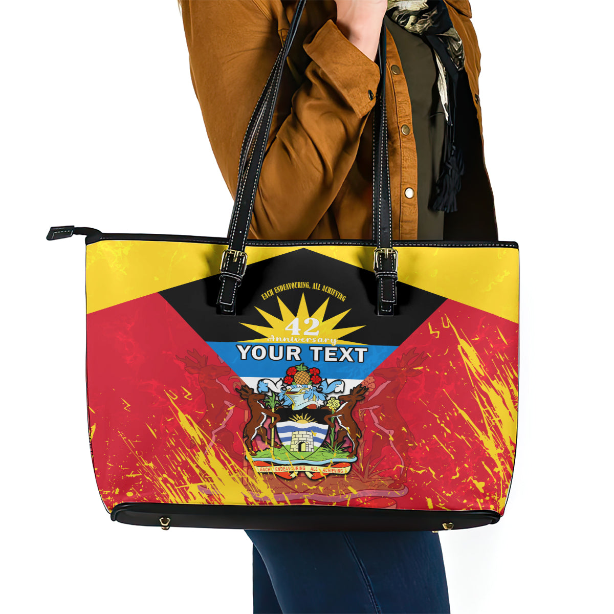 Personalised Antigua And Barbuda Independence Day Leather Tote Bag 42nd Anniversary Flag Style - Wonder Print Shop