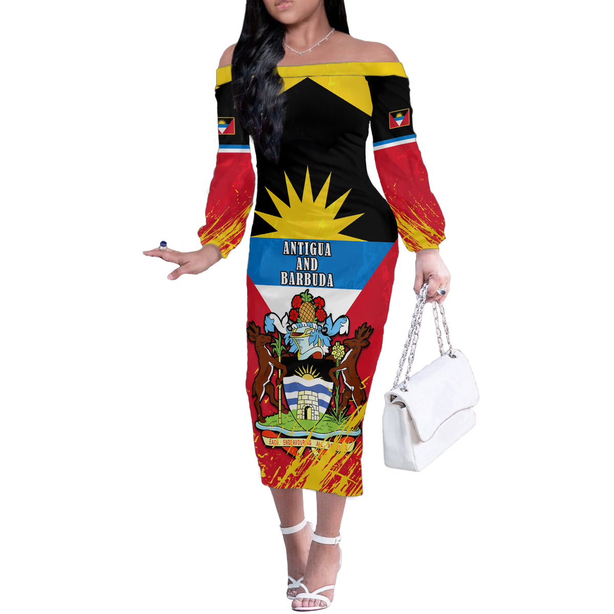 Personalised Antigua And Barbuda Independence Day Off The Shoulder Long Sleeve Dress 42nd Anniversary Flag Style - Wonder Print Shop