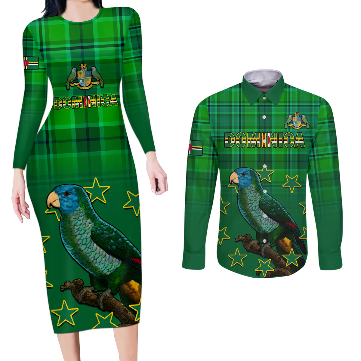 Dominica Independence Day Couples Matching Long Sleeve Bodycon Dress and Long Sleeve Button Shirts Dominik Sisserou Parrot With Madras Pattern - Wonder Print Shop