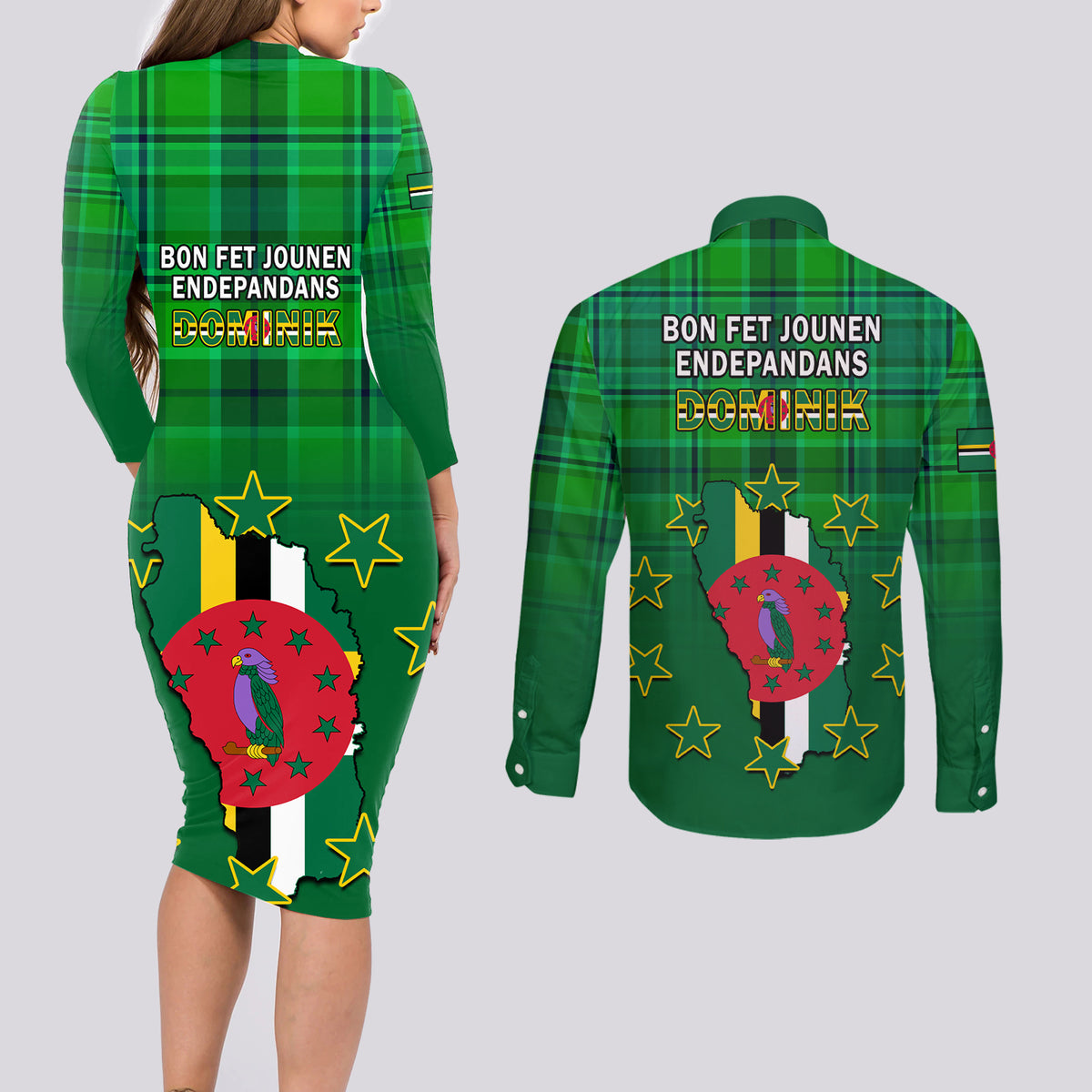 Dominica Independence Day Couples Matching Long Sleeve Bodycon Dress and Long Sleeve Button Shirts Dominik Sisserou Parrot With Madras Pattern - Wonder Print Shop